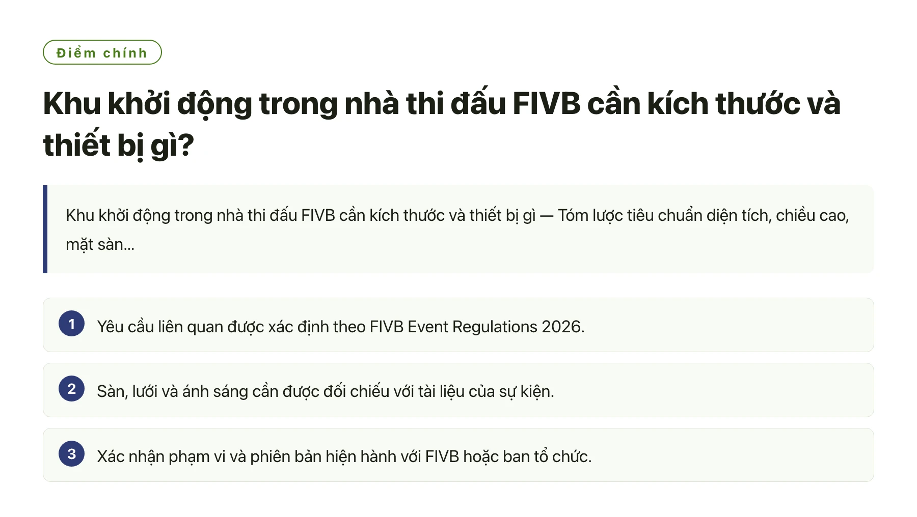 Khu khởi động trong nhà thi đấu FIVB cần kích thước và thiết bị gì?——全文要点速览